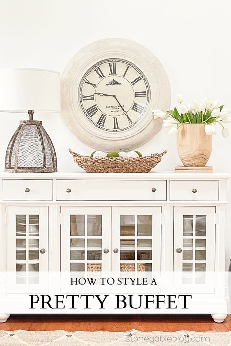 Sideboards and buffets in our dining rooms are easy to decorate and add that layer of decor we all love. Here are 3 easy and doable styled buffet and lots of decorating tips for you! #decorating #homedecor #decor #housebeautiful #iinthediningroom #decoratingabuffet #decoratingahutch #decoratingtips #decoratemyhome #knowyourdecoratingstyle #decoratingideas #stonegable Design, Sideboard, Home, Interieur, Styling A Buffet, Modern, Sala, Beautiful Decor, Dining Room Table