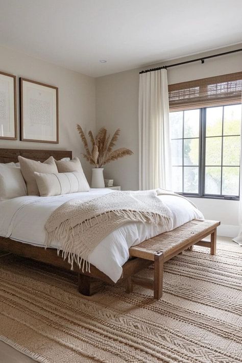 25 Captivating Brown and White Bedroom Ideas You'll Love - Roomy Retreat Calm Bedroom Ideas, White And Brown Bedroom, Cherry Wood Bedroom, Dark Brown Bedrooms, Brown Headboard, Taupe Bedroom, Natural Bedroom, Brown Curtains, Calming Bedroom