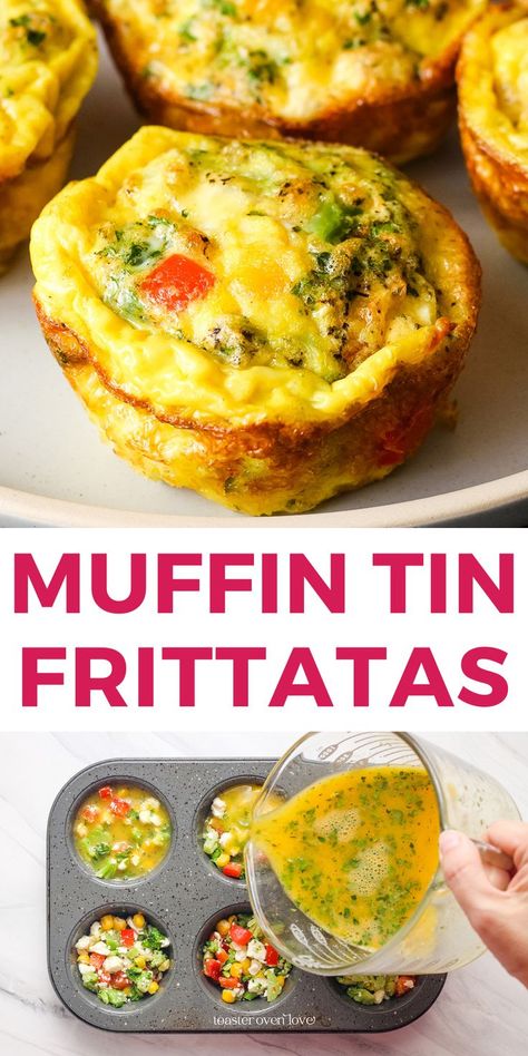 Close up of baked mini frittatas on place and hand pouring egg mixture over veggies in a muffin tin. Fresco, Brunch, Mini Frittata, Easy Frittata, Frittata Recipes Breakfast, Frittata Recipes, Frittata, Fritata Recipe, Fritatta Recipe