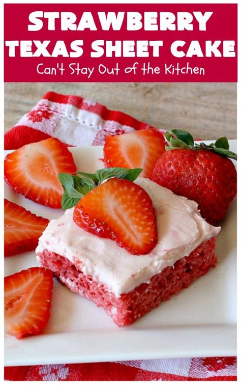 Strawberry Texas Sheet Cake – Can't Stay Out of the Kitchen Texas, Desserts, Pasta, Cake, Dessert, Strawberry Sheet Cakes, Lemon Bundt Cake, Sheet Cake Recipes, Strawberry Dessert Recipes