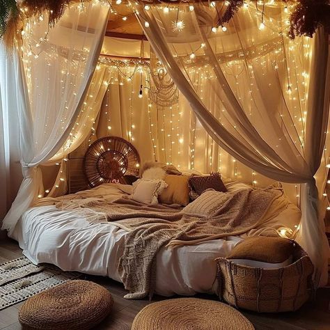 Boho Dreamland: Bed Adorned with Elegant Curtains, Lights, and Hanging Plants Inspiration, Design, Ev Düzenleme Fikirleri, Inspo, Kamar Tidur, Aesthetic Bedroom, Boho Life, Quartos, Dekoration