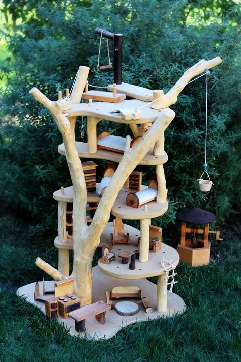 Auction Package No. 50: Waldorf Wooden Magic Fairy Tree House with Miniature Furniture Set. Click to bid on this. More photos here: http://castleofcostamesa.com/waldorf-days/the-waldorf-school-of-orange-county-2013-annual-gala-auction/wooden-tree-house-with-furniture-set Miniature, Wood Crafts, Toys, Wooden Tree House, Wooden Toys, Wooden Tree, Wood Toys, Miniature Furniture, Tree House