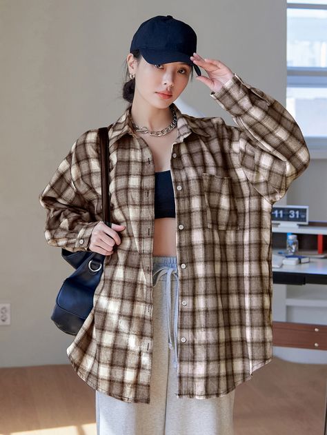 Brown Casual Collar Long Sleeve Fabric Plaid Shirt Embellished Non-Stretch Spring/Fall Women Tops, Blouses & Tee Outfits, Boyish Outfits, Checked Shirt Outfit Women, Checked Shirt Outfit, Oversized Shirt Outfit, Checkered Shirt Outfit Women, Denim Shirt Outfit, Outfit, Oversized Checked Shirt