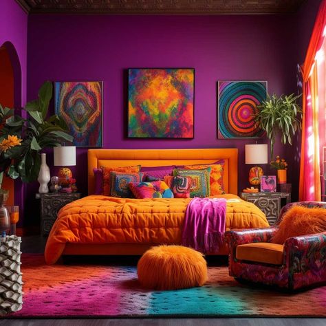 Interior, Home Décor, Bedroom Colors, Colourful Living Room Decor, Colourful Living Room, Maximalist Decor Bedroom, Colorful Maximalist Bedroom, Bright Bedroom Decor, Bright Eclectic Decor