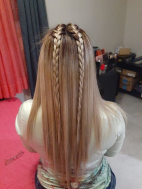 Two braids on top of head Braided Hairstyles, Summer, Down Hairstyles, Outfits, Two Braids With Hair Down, Plaits Hairstyles, Two Braid Hairstyles, Straight Hairstyles, Loose Hairstyles