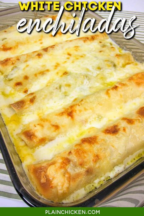 White Chicken Enchiladas - our favorite chicken enchilada recipe! SO creamy and delicious! No cream of anything soup! Tortillas stuffed with chicken and cheese and topped with a quick white sauce made with flour, butter, chicken broth, sour cream, and green chiles. Ready in about 30 minutes. We love these easy creamy white chicken enchiladas! #mexican #sourcream #chicken #enchiladas Enchiladas, Sour Cream, Casserole, Sandwiches, White Chicken Enchiladas, Chicken Enchiladas, Sour Cream Chicken Enchilada Recipe, Chicken Enchilada Casserole, Chicken Enchilada Recipe