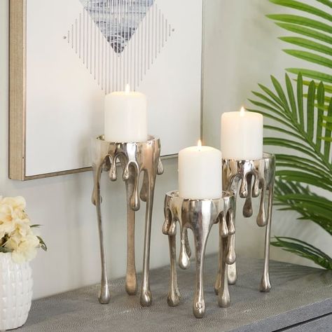 Melting Dripping Wax Metal Contemporary Candle Holders - S/3 12", 10", 8"H - On Sale - Bed Bath & Beyond - 35550388 Candle Holders, Home Décor, Ideas, Design, Contemporary Candle Holders, Silver Candle Holders Decor, Candle Holder Set, Silver Candle Holders, Round Candle Holder