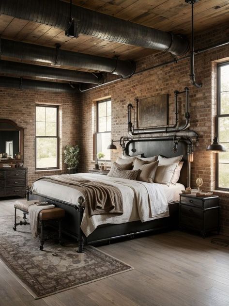 Unleash Your Imagination with Victorian-Inspired Bedroom Decor Incorporate a touch of the industrial style trend by accessorizing with metal elements like exposed pipes, rustic metal accents, or industrial-style lighting fixtures. #VictorianIdeas #VictorianDesign Metal, Ideas, Vintage, Urban, Industrial, Industrial Chic, Bedroom, Industrial Style Bedroom, Industrial Style Living Room
