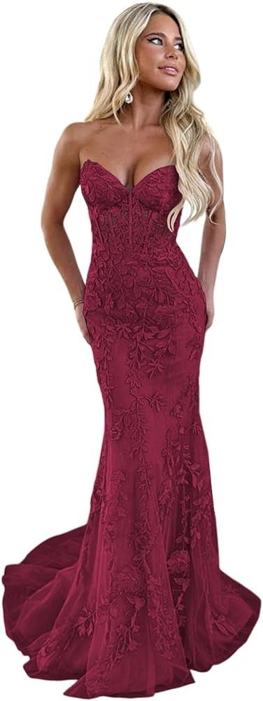 Features: Bodycon Prom Dress with Lace Appliques, Strapless Tulle Formal Dresses for Women Long 2024, Mermaid Lace Appliques Evening Gowns, Backless Lace Prom Dresses for juniors, The dress will be a pleasing pick, you will receive many compliments on this beautiful dress!Perfect as prom dress ,bridesmaid,prom,junior's homecoming,pageant,ball gown,graduation,cocktail,birthday party,modest bridesmaid dress fall,brides dress plus size,satin bridesmaid dress,evening dresses for women party,weddi...