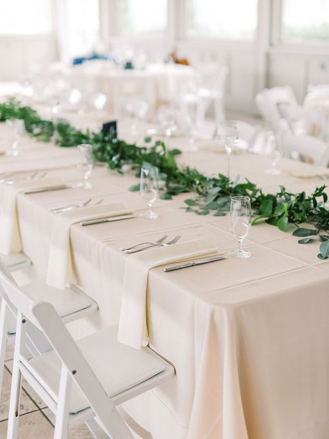 Wedding tablescape with white napkins and green florals Ideas, White Napkins Wedding, Napkins Wedding Table, Wedding Tablescapes, Wedding Tablecloths, Wedding Table Settings, Rustic Wedding Table, Wedding Napkins, Wedding Reception Napkins