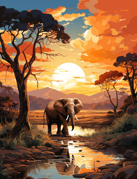 Elephant Pictures Art, Elephants In Africa, Jungle Artwork, African Sunset Painting, Abstract Jungle Art, African Elephant Art, Elephant Wallpaper, Jungle Sunset, Elephant Jungle