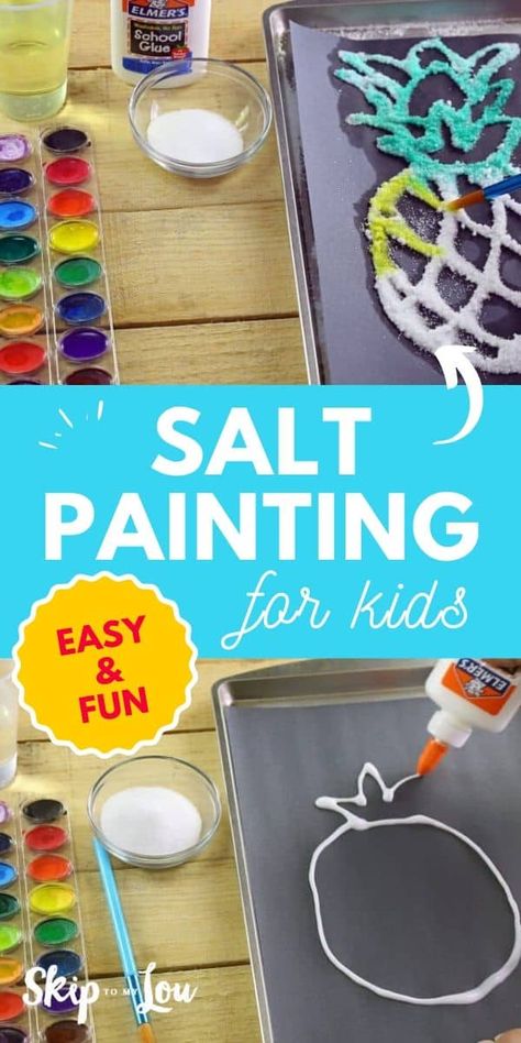 Salt Painting is a creative way to have kids make a two-dimensional work of art. Create these vibrant painting with simple items you probably already have at home. Kids will love the glittery texture salt paint creates. #kidscrafts #crafts #painting Play, Pre K, Diy, Sensory Art, Kids Art Projects, Experiments For Kids Easy, Painting Activities, Painting For Kids, Art Activities For Kids
