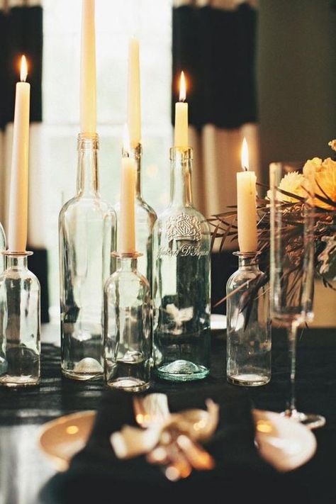 24 Stunning Wine Bottle Centerpieces You Never Thought Could Complement A Special Event Wedding, Thanksgiving Table Settings, Mariage, Wine Bottle Centerpieces, Halloween Wedding, Modern Thanksgiving, Halloween Party Dinner, Bottle Centerpieces, Bodas