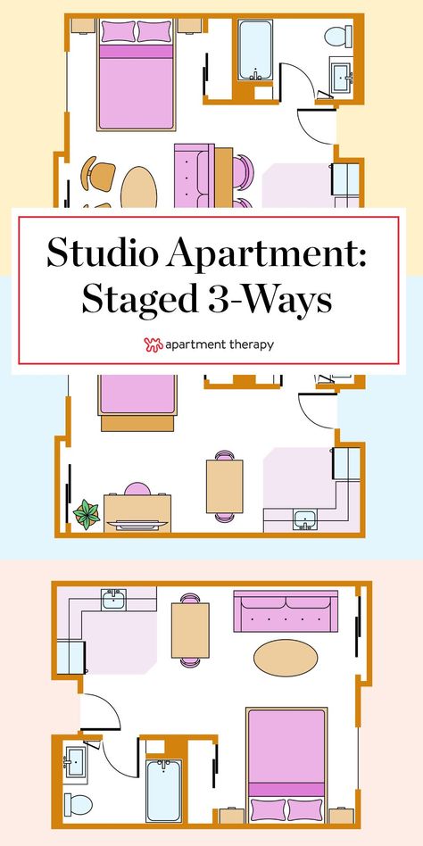 How you choose to arrange your furniture has a huge impact on the feel of your space. In a studio apartment where every single square foot counts—here are 3 ways to lay out your small space. #studio #studioapartment #smallspace #studiolayout #studioapartmentideas #layoutideas #smalllivingroom #smallbedroom Studio, Small Flat Decorating, Studio Flats, Small Room Design, Studio Apartment Floor Plans, Tiny Studio Apartments, Studio Apartment Layout, Studio Apartment Living, Studio Apartment Design