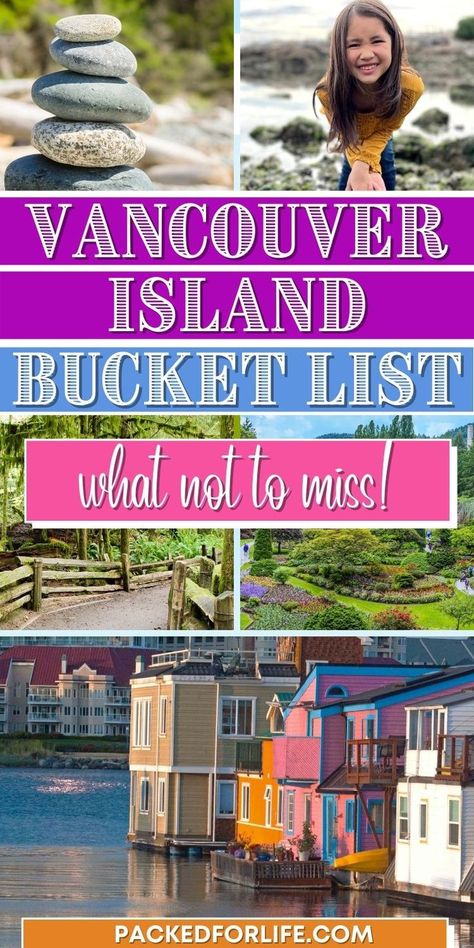 Vancouver Island Bucket List. What not to miss; stack of rocks on a beach, young girl leaning forward smiling, rocky beach in background, Butchart gardens pathway and colorful flower beds, house boats in Inner Harbour, Victoria, BC. Vancouver, Trips, Canada, Travel Vancouver Island, Vancouver Bc Canada, Vancouver Island Canada, Canada Road Trip, Vancouver Vacation, British Columbia Road Trip