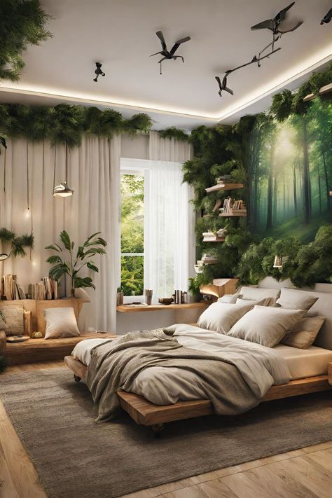 A forest-themed bedroom design brings the tranquility and natural beauty of the outdoors into the comfort of one's home, creating a serene and rejuvenating space. This design concept draws inspiration from lush woodlands, incorporating elements like tree motifs, leafy patterns, and earthy hues to evoke a sense of being amidst nature. Ideas, Forest Bedroom Ideas, Forest Bedroom Decor, Forest Themed Bedroom, Nature Bedroom Ideas, Nature Themed Bedroom, Forest Theme Bedroom, Forest Bedroom Aesthetic, Forest Room Ideas
