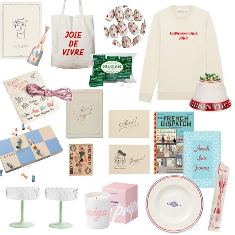 Inspired by the French Dispatch, a french themed gift guide of pastel coloured gifts. Unusual glassware, french slogan sweatshirts, macaroons, french notecards and more. French aesthetic. Gifts for Francophiles. Wes Anderson, Gifts, Gift Ideas, Valentine's Day, Vintage Gift Guide, French Themed Gifts, Shopping, Francophile Gifts, French Christmas