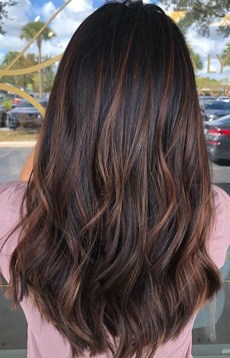 Blonde Highlights, Balayage, Dark Brown With Highlights, Dark Chocolate Brown Hair Color, Copper Highlights On Brown Hair, Dark Brown Hair With Caramel Highlights, Dark Brown Hair Color, Dimensional Brunette Dark Chocolate Brown, Deep Chocolate Brown Hair With Lowlights