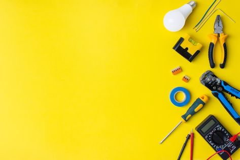 Different electrician's supplies on yell... | Premium Photo #Freepik #photo #electrical-tools #electrician-tools #electrical-equipment #electricity Power Tools, Google, Fotos, Background Wallpaper For Photoshop, Electrician Logo, Background, Engineering Tools, Electrical Tools, Yellow Background