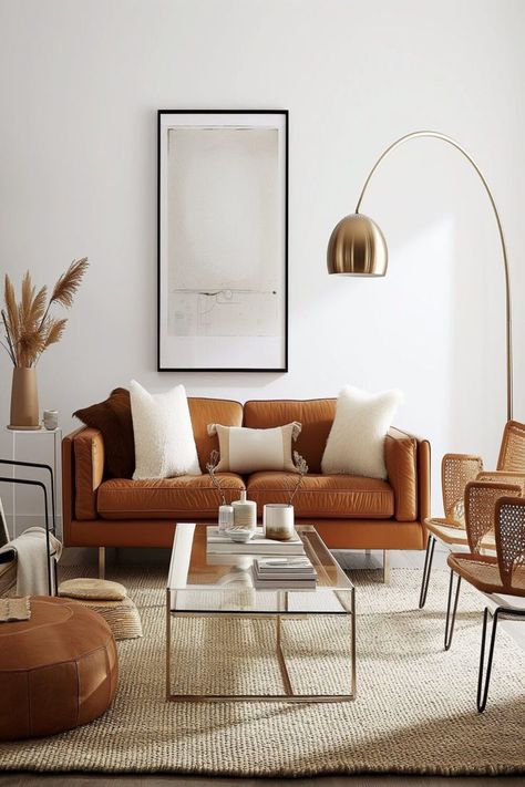 Cozy living room with a warm-toned cognac couch, textured throw pillows, and a glass coffee table. Diy, Elegant Living Room Design, Elegant Living Room, Living Room Decor Modern, Mid Century Living Room, Living Room Decor, New Living Room, Living Room Sofa, Living Room Leather