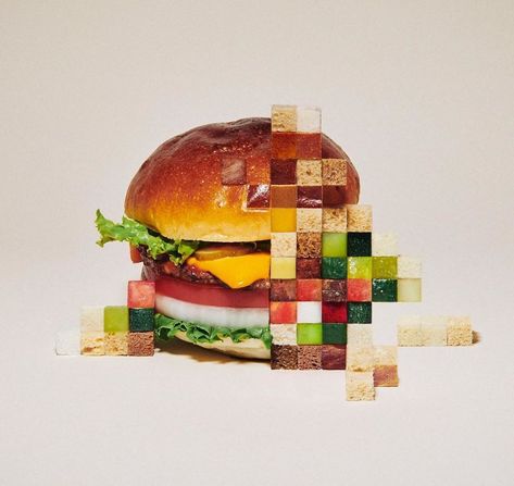 These Pictures Look Photoshopped, But The “Pixels” On Them Are Actually Hand-Made | Bored Panda Food Art, Food Photography, Design, Pixel Art, Foods, Food Design, Food Artists, Food Photo, Burger