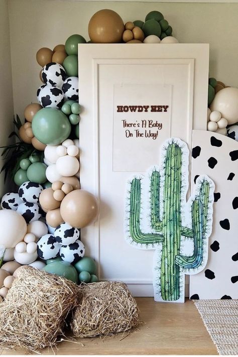 Yee-hah! This has got to be one of our favorite ways to round up these baby shower ideas for twins. This color scheme is super fun with the addition of the cow print and it brings a gorgeous and fun element to a baby shower.  Go one step further and get your guests to dress the part too! Cowboy Baby Shower Theme, Cowboy Baby Shower, Cowgirl Baby Shower Theme, Cowgirl Baby Showers, Cow Baby Shower Theme, Boy Baby Shower Themes, Cow Baby Showers, Fun Baby Shower Themes, Cowboy Baby