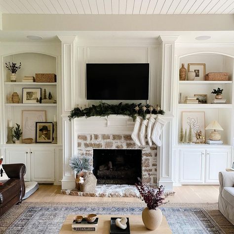 White Fireplace Built In Shelves, Decorate Fireplace Shelves Built Ins, Bookcases By Fireplace Built Ins, Fireplace With Rounded Built Ins, Fireplace Built Ins Before And After, Brick Fireplace And Built Ins, Mantel Living Room, Built Ins Beside Stone Fireplace, Fireplace Cabinet Decor