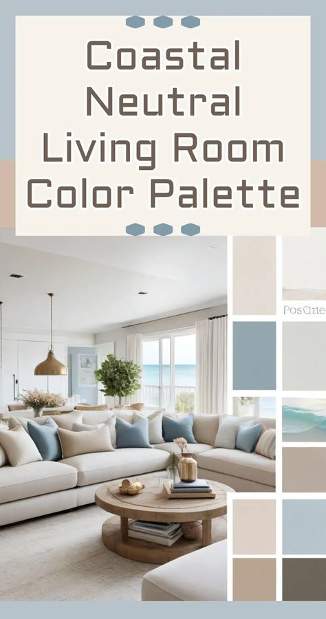 Coastal Neutral Living Room Color Palette Ideas - Chic Decor For Cozy Pops Of Beachy Colors In Your Neutral Living Room. See coastal color palettes and accent color schemes to match from boho and modern farmhouse living rooms to cozy casual contemporary decor or small minimal rustic, you will love all these beach-themed coastal living rooms ideas for your home family room, apartment, condo rental, AirB&B or beach house. Interior, Boho, Modern Farmhouse, Acapulco, Decoration, Neutral Coastal Decor, Beach House Color Palette, Coastal Colors, Neutral Living Room Colors