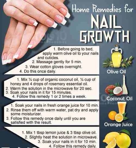 Home Remedies for Nail Growth💅#tipit1. Olive Oil To promote growth, it is essential to keep your nails well moisturized. Olive oil is the best when it comes to nail care. It penetrates deep into the skin and nails and thus helps nourish your nails. Plus, it contains vitamin E which improves circulation blood circulation, helps repair damaged nails and promotes nail strength and growth. Before going to bed, apply warm olive oil to your nails and cuticles and massage gently for 5 minutes. Wear co Natural Home Remedies, Natural Remedies, Beauty Remedies, Health And Beauty Tips, Remedies, How To Grow Nails, Nail Care Tips, Beauty Care, Nail Growth Tips