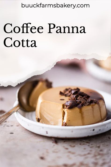 Quick and easy coffee panna cotta with chocolate caramel sauce and chocolate curls. Cheesecakes, Pudding, Jell O, Desserts, Pie, Deserts, Flan, Dessert, Mousse