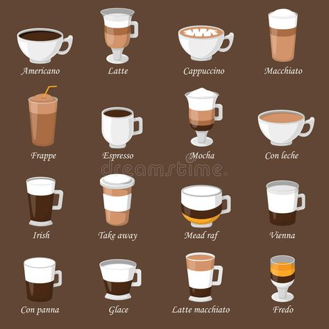 Coffee Cups Different Cafe Drinks Types Espresso Mug With Foam Beverage Breakfast Morning Sign Vector. Stock Vector - Illustration of shop, americano: 70531976 Mochi, Frappuccino, Coffee Art, Coffee Drinks, Coffee Drinkers, Coffee Humor, Coffee Lover, Coffee Tea, Funny Coffee Mugs