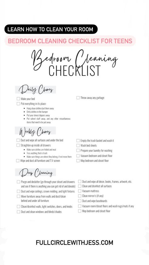 Do you need some help with how to clean your room? This bedroom cleaning checklist for teens will help you keep a clean room with ease! Home Management Binder, Cleaning Tips, Bedroom Cleaning Checklist For Teens, Bedroom Cleaning Checklist, Clean Your Room, Cleaning Checklist, Cleaning Clothes, Easy Cleaning Schedule, Bedroom Cleaning