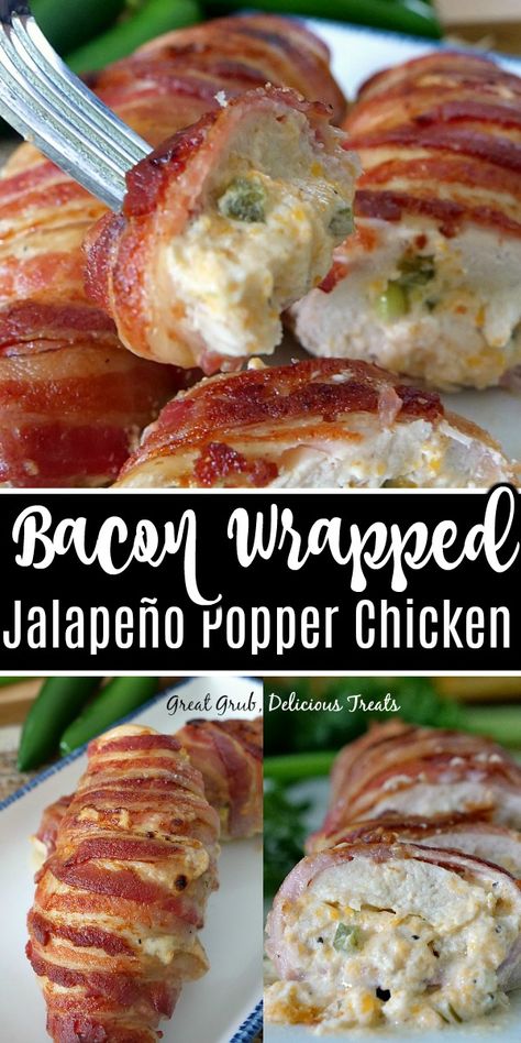 Bacon, Stuffed Peppers, Bacon Wrapped Jalapeno Poppers, Jalapeno Popper Chicken Recipe, Bacon Wrapped Jalapenos, Yummy Chicken Recipes, Jalepeno Recipes, Chicken Bacon Recipes, Bacon Recipes