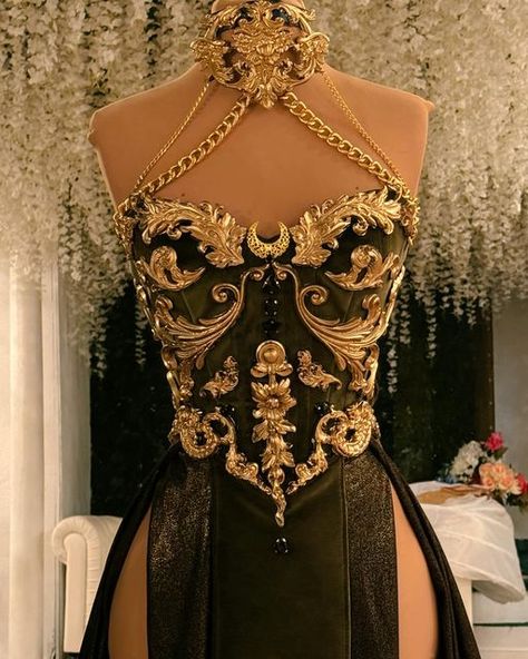 Corset Armor Dress, Gold Masquerade Outfit, Rhinestone Corset Dress, Fantasy Ball Gowns Goddesses, Goddess Ball Gown, Mythical Dresses, Scarlett O Hair, Asta Darling, Goddess Prom Dress