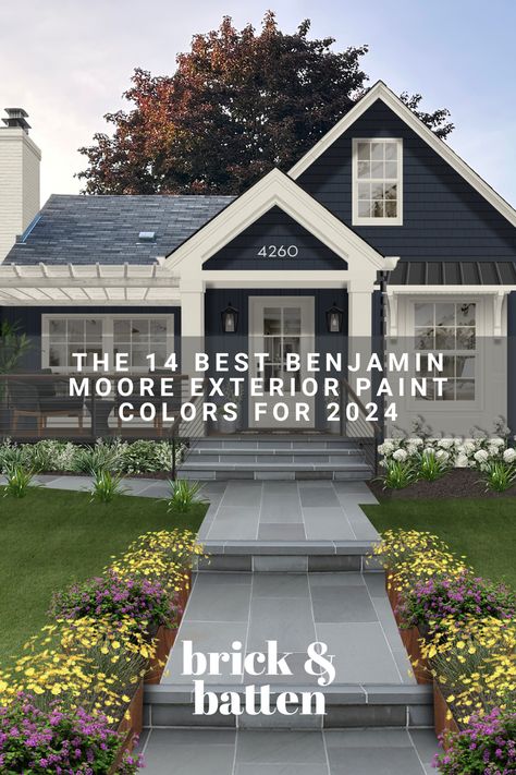 Thinking of painting your home exterior? Be sure to check out our list of the best Benjamin Moore exterior paint colors for 2024 first: https://bit.ly/3RaFHAE Exterior, Design, Benjamin Moore, Benjamin Moore Exterior Paint, Benjamin Moore Exterior, Exterior Paint Colors For House, Craftsman Exterior Colors Schemes, Best House Colors Exterior, Exterior Paint Color Combinations