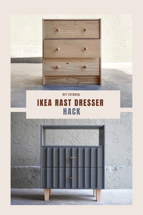 In this IKEA hack, I flipped the Rast dresser by removing the top drawer, built shelves above the second drawer and below the third drawer, gave the remaining two drawers a fluted design and redesigned the legs to give it a more modern look! Ikea, Upcycling, Ikea Hacks, Ikea Dresser Hack, Ikea Dresser Makeover, Ikea Rast Dresser, Ikea Furniture Makeover, Ikea Rast Hack Nightstand, Ikea Rast Makeover