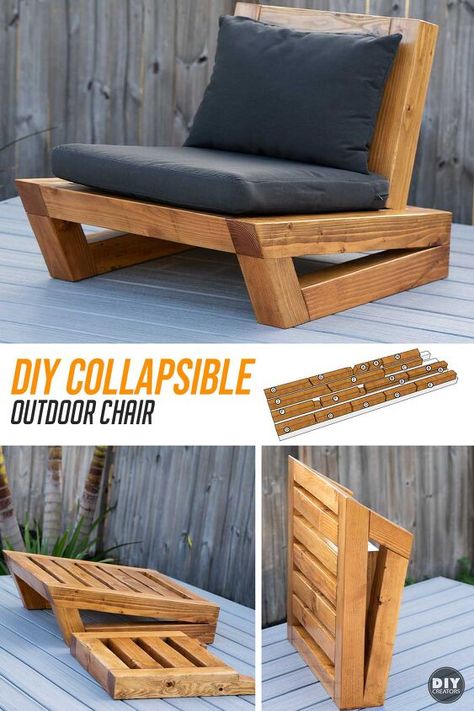 You can’t go wrong with an attractive and sturdy outdoor chair—especially one that is collapsible for storage. Now you can freshen up your patio, deck, or even poolside with a new set of chairs, one you can create on your own.The idea behind this chair serves two purposes mobility add storability. Most of the things I make tend to be pretty heavy. What makes them difficult to transport is that they are usually bulky. Having the back detach from the seat makes it possible to split the w… Outdoor Lounge Chair Diy, Outdoor Chairs Diy, Diy Outdoor Furniture Plans, Diy Outdoor Seating, Diy Outdoor Furniture, Diy Furniture Plans Wood Projects, Diy Patio Furniture, Diy Furniture Plans, Wood Chair Diy