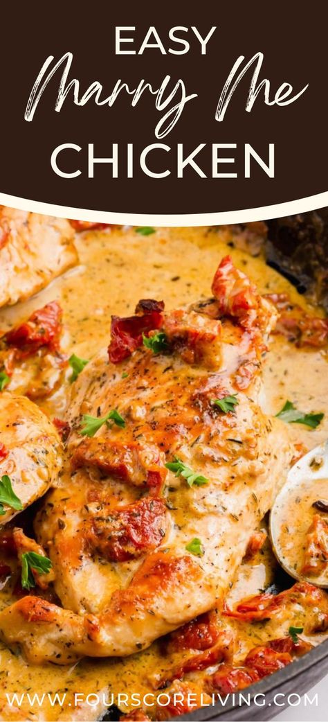 Chicken in creamy sauce with sun-dried tomatoes and herbs on top. Pasta, Low Carb Recipes, Casserole, Healthy Recipes, Easy Chicken Breast Dinner, Creamy Chicken Breast Recipes, Chicken Recipes For Dinner, Marry Me Chicken Recipe Crock Pot, Chicken Recipes For Two