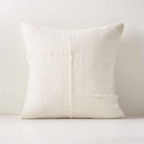 Woven on a traditional handloom, ivory pillow is rich in texture like a luxe boucle. Inspired by skilled artisans repurposing pieces of vintage dhurries, frayed linen is pieced together for this unique design. Throw pillow flips to a solid ivory cotton back. It is perfect addition to make any room cozy. Alternative, Decorative Throw Pillows, White Pillows, Decorative Accent Pillow, Ivory Pillow, Decorative Pillows, Modern Throw Pillows, Throw Pillows, Throw Pillow