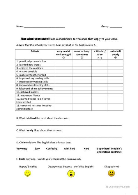 After School-Year Self Evaluation - English ESL Worksheets for distance learning and physical classrooms Primary School Education, Distance, English, Worksheets, Teaching Jobs, Student Self Evaluation, Writing Skills, Evaluation Form, Distance Learning