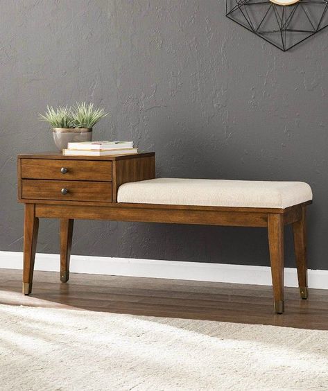 Telephone Mid Century Modern Bench – Wood Finish – Attached Upholstered Cushion Small Entryway Bench, Entryway Bench, Entryway Benches, Diy Entryway Bench, Bench With Storage, Bench With Drawers, Upholstered Entryway Bench, Home Decor Furniture, Wood Storage Bench