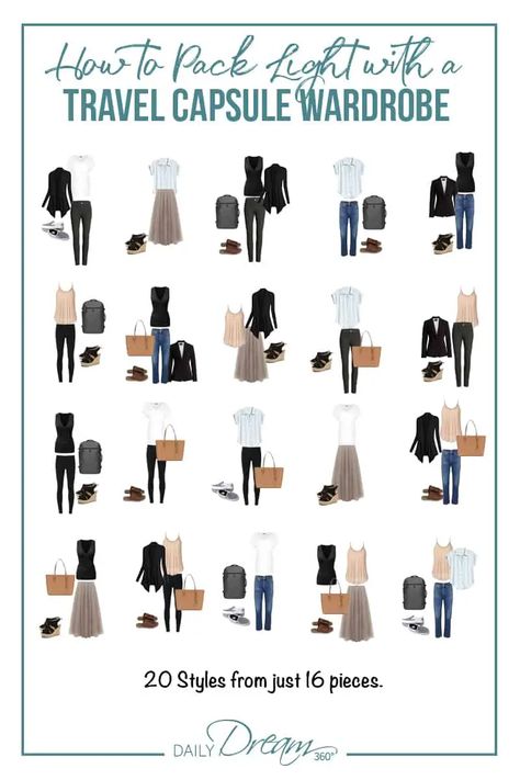 We share tips on how to pack light with a stylish capsule wardrobe for travel. Download our outfit planner, and see how 18 items can turn into 2 weeks of stylish travel outfits. #travel #packing #wardrobe #capsule #outfitplanner Travel Packing, Capsule Wardrobe, Outfits, Travel Capsule Wardrobe, Travel Gear, Travel Capsule Wardrobe Spring, Travel Outfit Planner, Travel Wardrobe, Travel Capsule