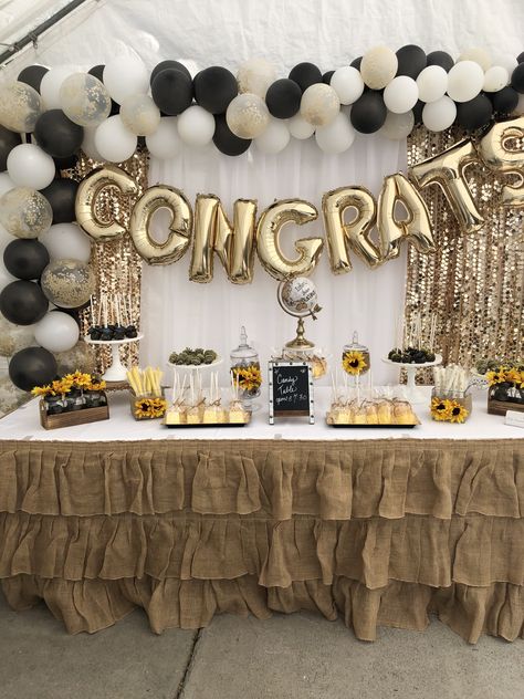 Beautiful elegant buffet candy table Graduation Party Centerpieces, Graduation Party Table Decorations, Graduation Party Table, Grad Party Food Table, Grad Party Decorations, Graduation Party Decor, Graduation Table Decorations, Graduation Party Picture Display, Grad Party Theme