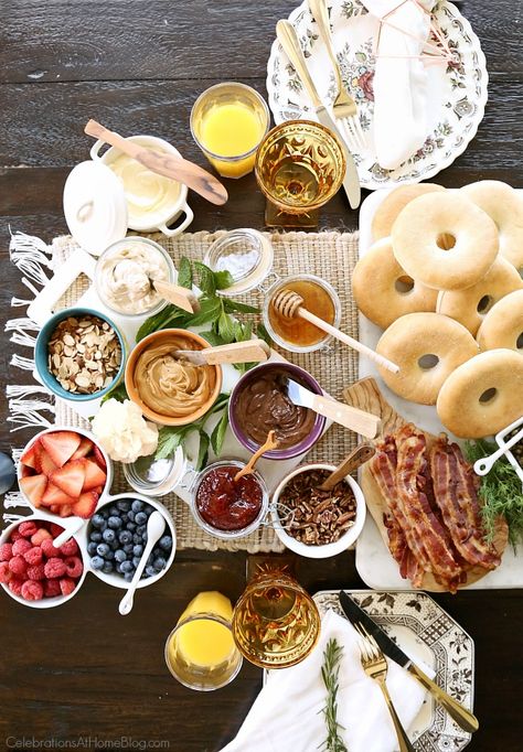 Host the Ultimate Bagel Bar Brunch and include these toppings for a sweet dessert bagel. See the rest and get the printable checklist here. Parties, Brunch, Waffles, Brunch Bar, Sandwich Bar, Bagel Bar, Breakfast Buffet, Brunch Recipes, Food Platters