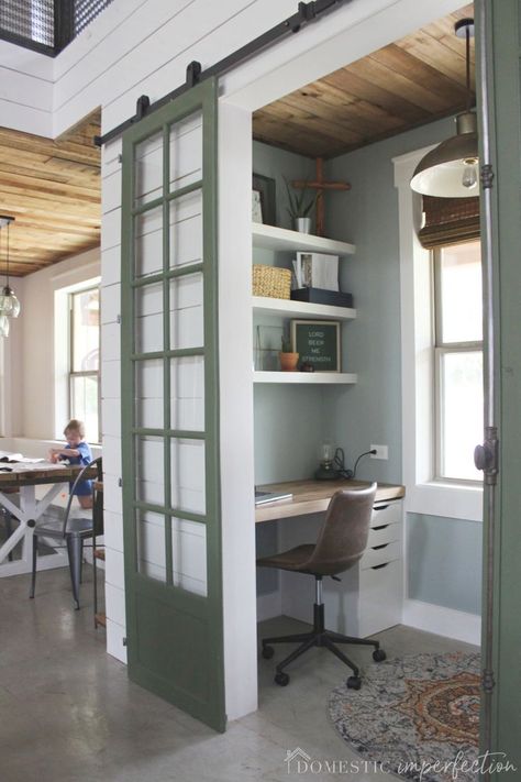Small home office   #homeoffice #smallspaces #office #famhouseoffice Home Office Design, Garages, Ikea, Home Office, Tiny Office Space Ideas, Home Office Space, Small Office With Couch, Office Nook, Tiny Home Office