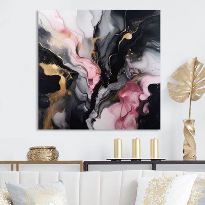 Bring Contemporary Abstraction to your home with this beautiful Metal Wall Décor. Available in several size, this "Black Gold Marble Splash II" Metal Artwork makes it the focal point of any room or office. | Mercer41 Black Gold Marble Splash II - Abstract Marble Metal Wall Decor black/gray/pink 16.0 x 16.0 x 1.0 in | Home Decor | C100181316_181166561 | Wayfair Canada Art, Decoration, Ideas, Design, Wall Art, Ink, Pink, Metal, Framed Canvas Wall Art