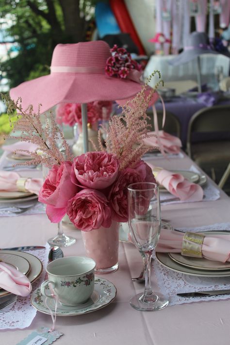 Pink Table at a Tea Party Bridal shower. Designed, styled, decorated and catered by Julia Inspires. Hats soon to be featured in my Etsy shop. Wedding, Centrepieces, Wedding Decorations, Decoration, Centerpieces, Mariage, Bridal Shower, Arreglos Florales, Derby Bridal Shower