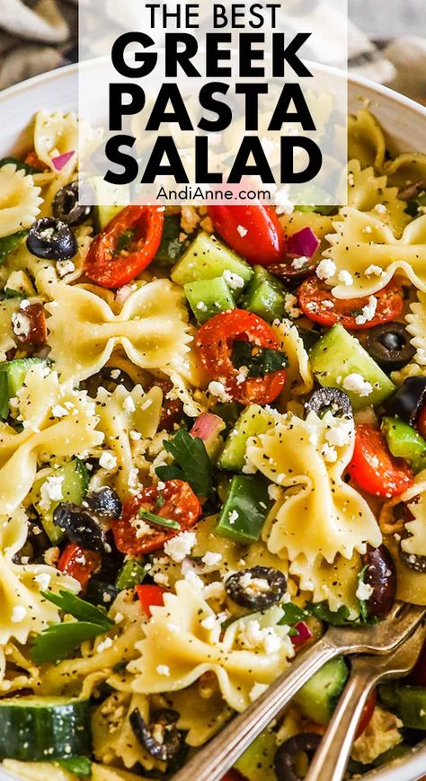 This easy greek pasta salad recipe is made with bowtie pasta, crumbled feta cheese and easy chopped vegetables like tomatoes, cucumber, and bell pepper. All tossed together with crumbled feta cheese and greek salad dressing. It's a cold pasta salad recipe perfect for serving at your next gathering. Easy Greek Pasta Salad, Bow Tie Pasta Recipe, Cucumber Pasta Salad, Greek Pasta Salad Recipe, Summer Pasta Salad Recipes, Feta Pasta Salad, Greek Pasta Salad, Cold Pasta Salad Recipes, Greek Salad Dressing