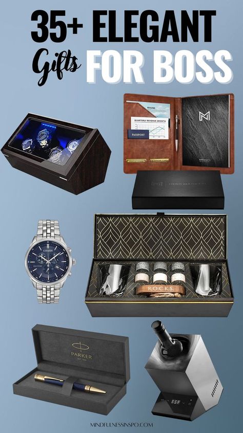 35+ elegant gifts for boss featuring luxury watch winder, professional portfolio for documents, whiskey gift set with whiskey glasses and chilling stones in a gift box, elegant men's watch, luxury pen in a gift box, electric wine chiller and more gift ideas on mindfulnessinspo.com Gifts For Boss Male, Boss Christmas Gift Ideas Male, Business Gifts, Gifts For Your Boss, Professional Gift Ideas, Gifts For Boss, Boss Gift, Christmas Gift For Staff From Boss, Business Owner Gifts