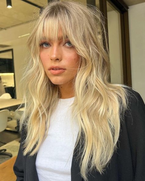 Long Blonde Shag with Wispy Bangs Hairstyles For Thin Hair, Straight Hairstyles, Curtain Bangs, Hairstyles With Bangs, Bangs Wavy Hair, Long Bangs, Long Hair With Bangs, Medium Hair Styles, Fringe Hairstyles
